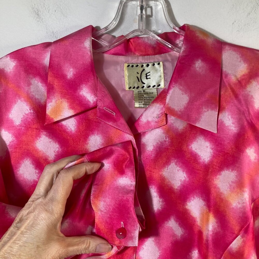 Womens Vintage ICE Silk Button Shirt Lined Pink White M Watercolor‎ Art - Picture 3 of 8